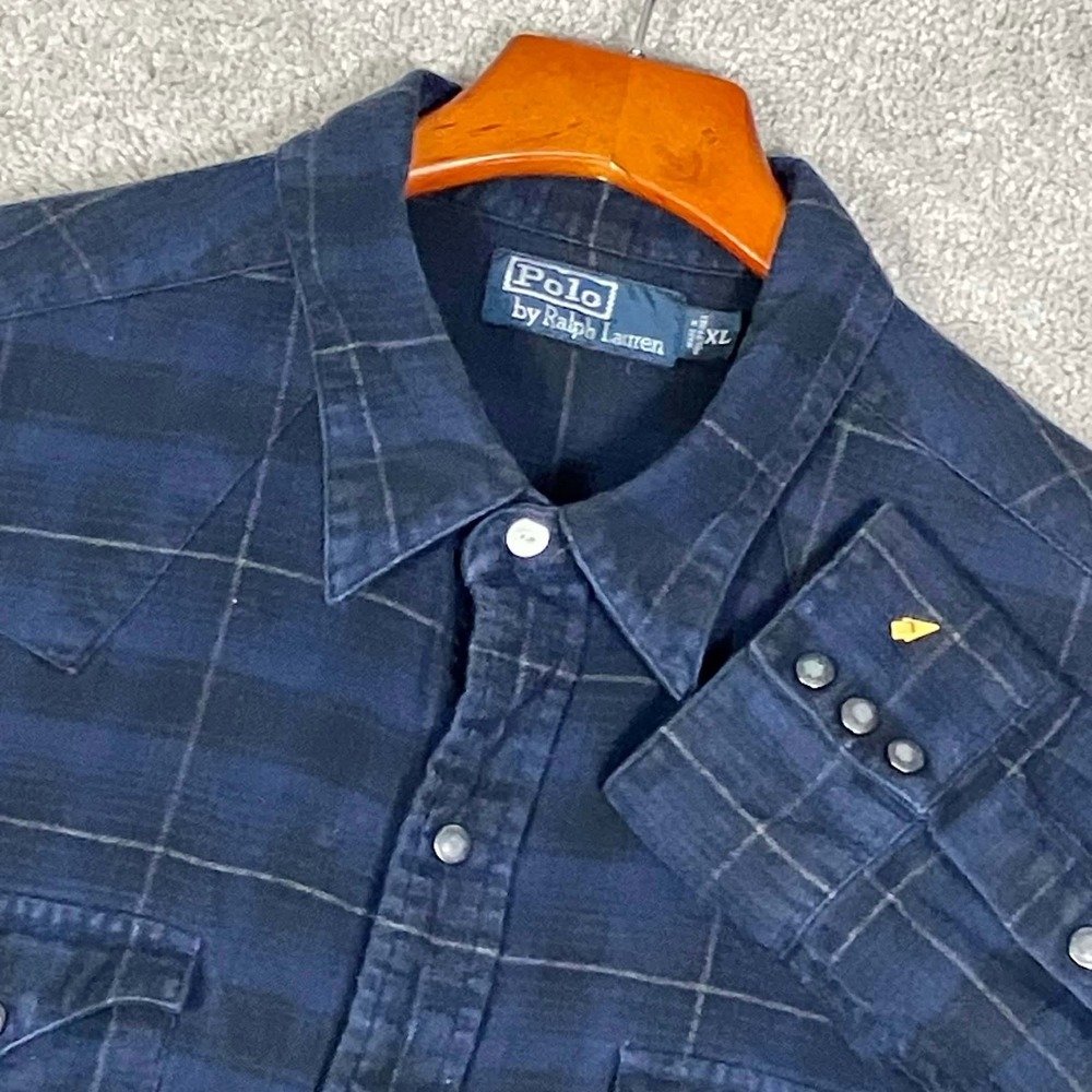 Polo Ralph Lauren Western Shirt Mens XL Blue Plaid Pearl Snap Long Sleeve Cotton